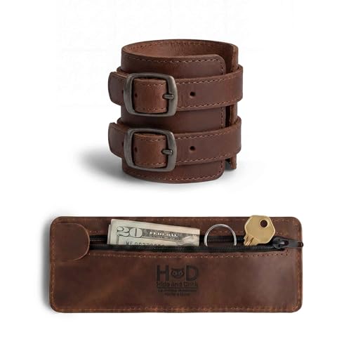 Image of Hide & Drink, Stylish Wrist Wallet Cuff, Wristband with Secret Pouch, Cash Holder, Money Organizer, Full Grain Leather, Handmade, Bourbon Brown