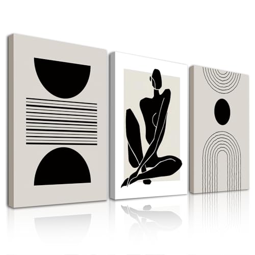 Dazzlewall 3Pcs Enmarcado Boho Arte de Pared Abstracto Decoración, Lienzo Geométrico En Blanco Y Negro Para Decoración de Dormitorio Sala de Estar 12x16 pulgada