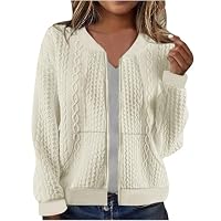 Cardigan Sweaters for Women UK Full Zip Jacket Long Sleeve Sweatshirt with Pockets Cable Knit Coat Lightweight Elegant Fall Outfits Casual Pullover Bolero Ladies Jacket Coat for Daily Beige