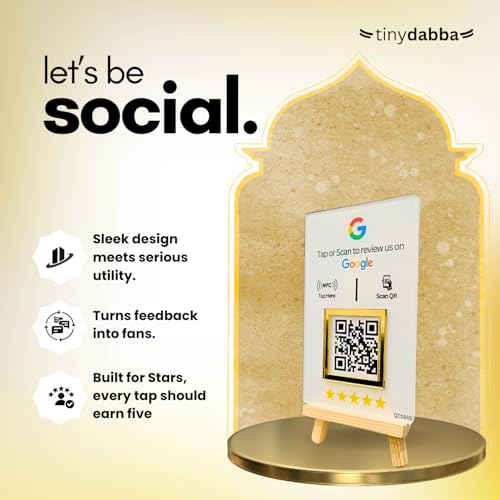 Image of NFC & QR Tap or Scan Feedback Standee for Business - Contactless Link Sharing for Shops, Clinics, Salons, Restaurants - Golden Border - Acrylic Standee