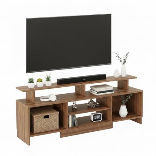 Image of FURNEASER Kashvi Floor Standing TV Unit for Living Room | Modern Engineered Wood TV Cabinet with Open Storage Shelves | Entertainment Center for Upto 55 Inch TV (Exotic Teak Finish)