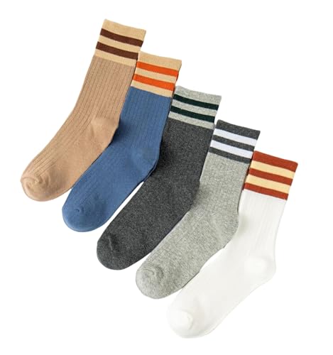 OurSuperDeals Gestreifte Crew-Socken für Damen, Teenager, Mädchen, Retro, Vintage, niedlich, über dem Knöchel, modische Baumwollsocken, 5 Paar B-Set, Medium