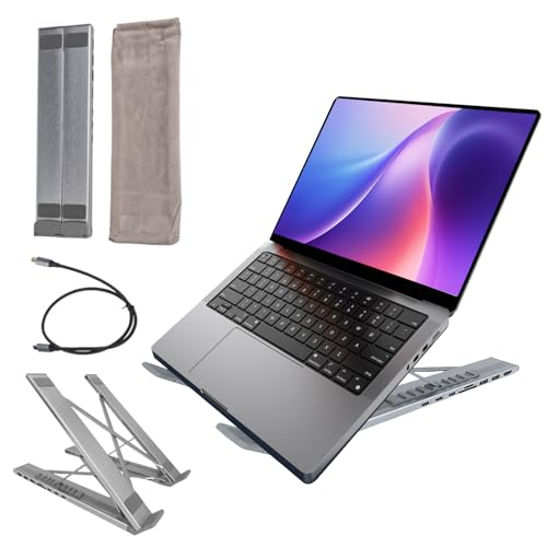 ZAMETTER Soporte para portátil 8 en 1 profesional de aluminio para laptop, estación de acoplamiento USB de carga rápida de 100 W, soporte para tableta, soporte portátil para laptop con lector de