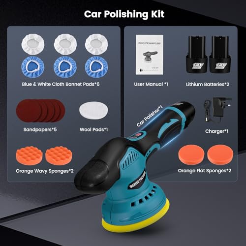 Car Polisher, Couleeur 12V Portable Polishing Waxer Machine Kit 2500-7000RPM, 8 Variable Speed,125mm Base for Car Detailing Brushless Car Polisher with 2 Rechargeable Battery - Image 3