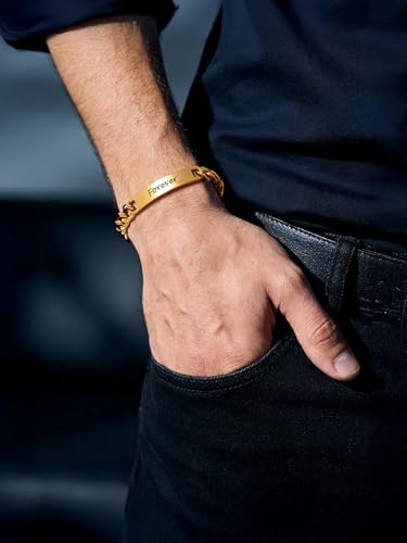 ChainsHouse Personalized Gold Mens Link Bracelet, 10mm 19 cm Stainless Steel ID Bracelets for Men Women