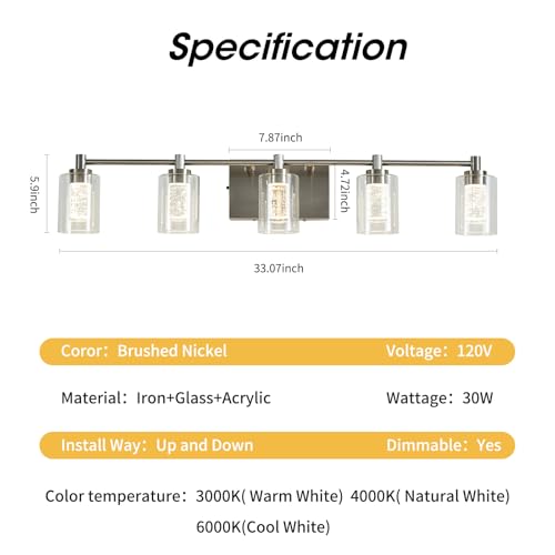 Image of 5-Light Brushed Nickel Vanity Lights,Bathroom Vanity Light Fixtures, Dimmable White /Neutral /Warm Light Brushed Nickel Light Fixtures with Clear Glass Shade for Bedroom, Living Room Hallway Lighting