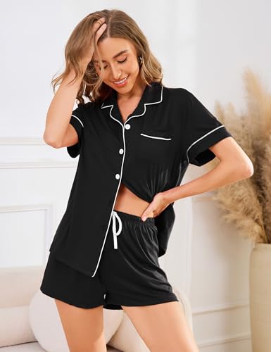 Pajama Set for Women 2 Piece Sleepwear Short Sleeve Button Tops and Pj Shorts Chest Pocket4