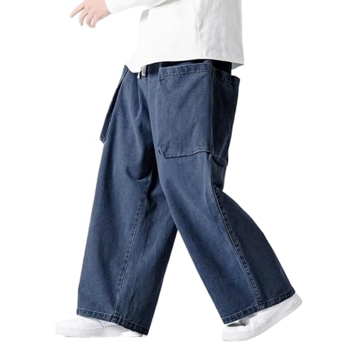 Jeans Men Loose Wide Leg Pants Men Vintage Elastic Waist Cargo Jean Pants Male Hip Hop Big Pocket Trousers