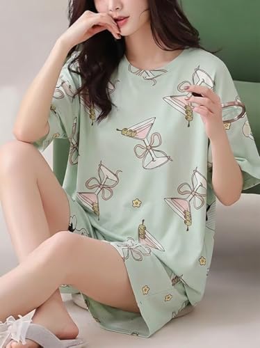 Image of Korean Night Dress |Shorts Set |Round Neck Half Sleeve Nightsuit |Premium Cotton Blend Stylish Digital Printed Pajama Co-ords |Matching 2 Piece Sleepwear Nightwear Cute Pjs |Casual Lounge Sets