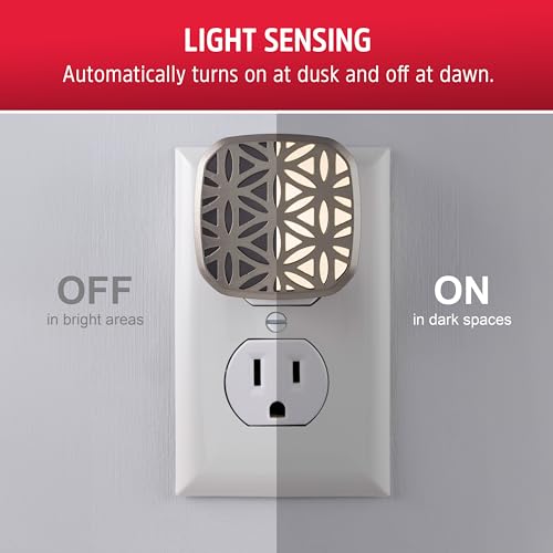 Image of Energizer Night Lights Plug into Wall, Decorative, 2-Pack, LED Brushed Nickel Plug in Nighlight, Warm White, Dusk to Dawn Sensor, Auto On Off, Adults, Elegant, Fancy, Modern, 81563