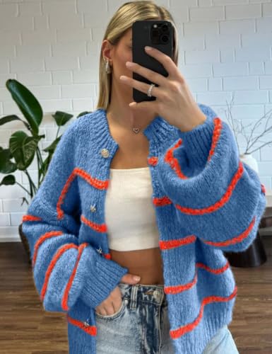 Image of QIBABU Womens Striped Cardigan Sweaters Casual Open Front Long Sleeve Button Down Knit Outwear