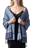 Achillea Two Tone Vintage Jacquard Paisley Pashmina Shawl Wrap Scarf (Steel Blue)