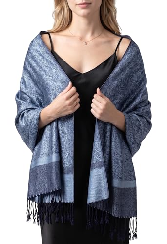 Achillea Two Tone Vintage Jacquard Paisley Pashmina Shawl Wrap Scarf (Steel Blue)
