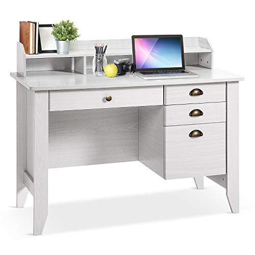 YAKEY Computer Desk with Drawers and Hutch, Home Office Desk,Wood Frame Vintage Style Student Table with 4 Drawers & Bookshelf, PC Laptop Notebook Desk, Spacious Writing Study Table(White)