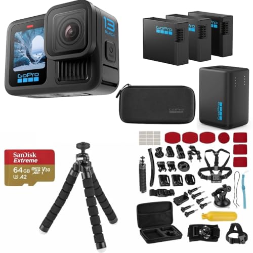 Image of GoPro HERO13 Black Action Camera with 3 Enduro Batteries, Dual Charger, 64GB SD, 5.3K HDR Video, 27MP Photos, HyperSmooth Stabilization, Waterproof Design, 47-Piece Accessory Kit, 1-Year Warranty