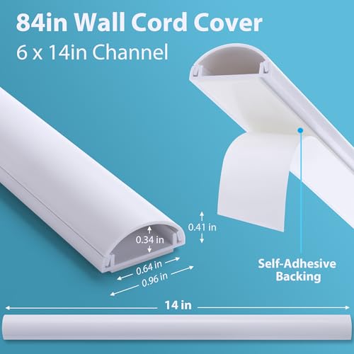 Image of ZhiYo 85in Cord Covers for 1-2 Wires on Wall, D-Shaped 1 inch W x 0.4 inch H, White