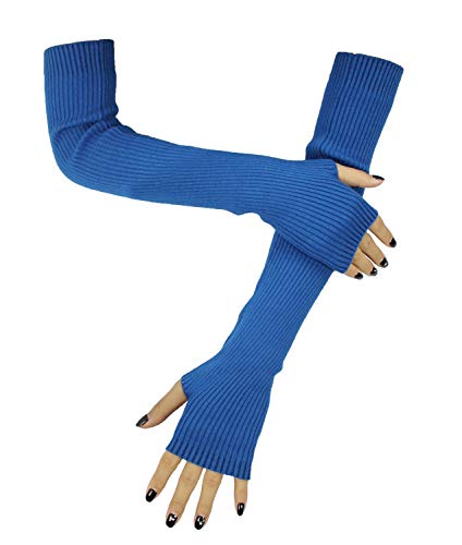 Farlenoyar Women Knit Cashmere Soft Winter Warm Gloves Arm Warmer Long Fingerless Gloves (Blue)