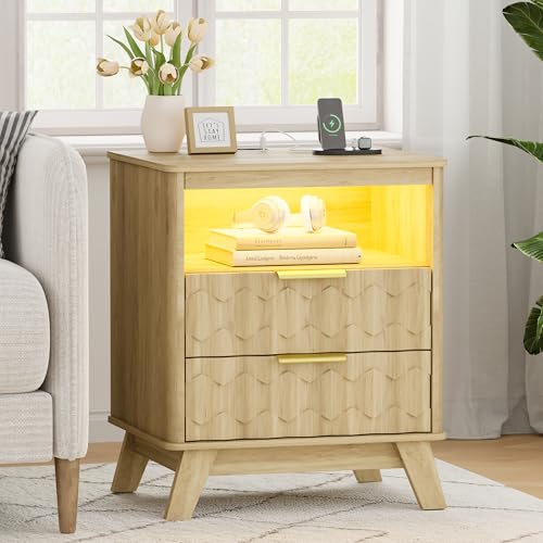 Lvifur LED Nightstand - with Auto Sensor,Natural Night Stand with 2 Drawer Modern Bedside Table with 3 Color Light and USB&Type-C Smart End Table for Bedroom