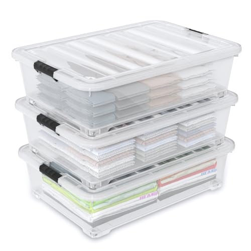 Image of 50 L Large 3 Packs Clear Plastic Under Bed Storage Container with Lid and Wheels, Under the bed Boxes