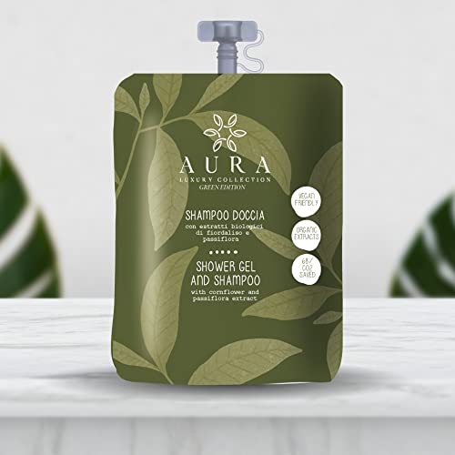 Aura Luxury Collection ® Green Edition Kit cortesia bagno per hotel e b&b 200 bustine stand-up con tappo 30 ml shampoo doccia delicato con estratti biologici di fiordaliso e passiflora