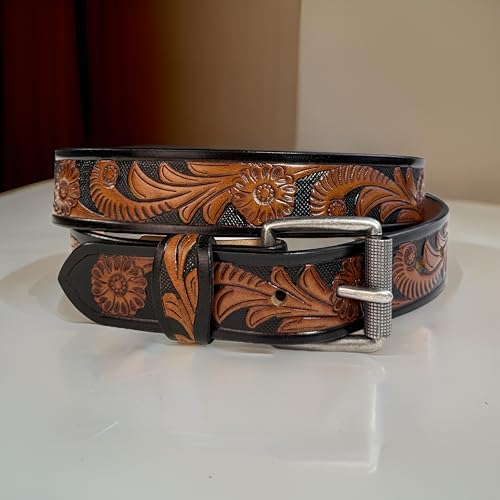 Western Floral Leather Belt for Men Women Handmade Full Grain Cowboy Cowgirl Leather Belt 1.5” Wide Embossed Tooled3