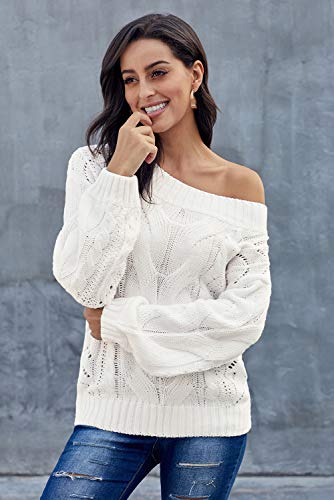 Meufam Womens Off Shoulder Long Sleeve Crewneck Chunky Cable Knit Solid Color Loose Fit Pullover Sweaters4