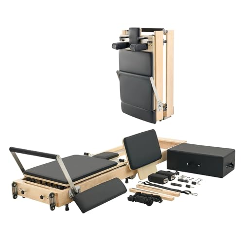 SWACCH Premium Wooden Pilates Reformer - Foldable Home Gym Equipment with 5 Springs Jumping Board Sitting Box Complete Accessories Bundle