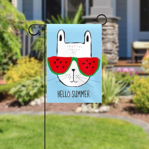 Drapeau de jardin Hello Summer Cat double face en tissu premium résistant