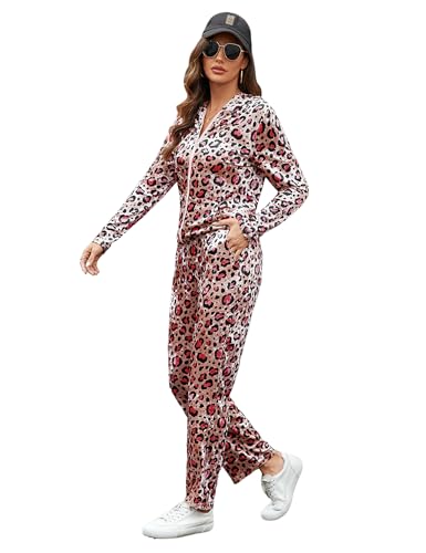 Marvmys Zip Up Velour Jogging Suit Petite Sweatsuits Velvet Track Suit for Women Set Hoodie Sweat Suit Set Pink Leopard M