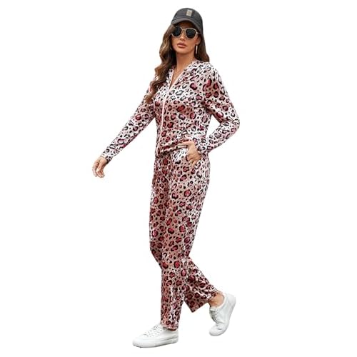Marvmys Velour Tracksuit Womens 2 Piece Outfits Velvet Sweatsuit Jogging Suit Full Zip Up Hoodie and Sweatpants Set Pink Leopard XX-Large