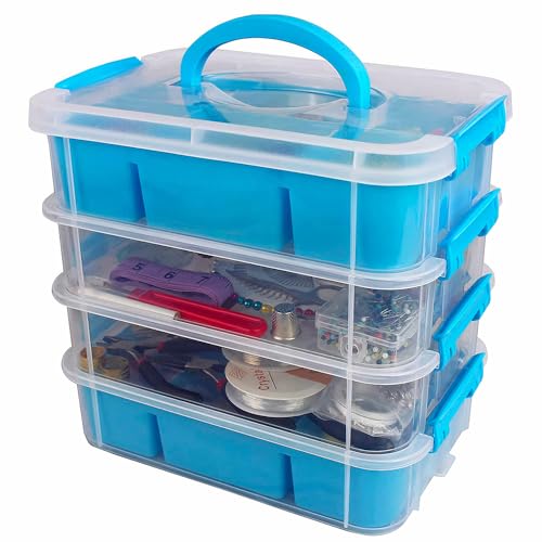 Image of Bins & Things Multi-Compartment Stackable Craft Storage Box with Dividers - Plastic Nail Polish Organizer, Storage Containers for Beads, Sewing Supplies, Art Organizers and Storage - Blue