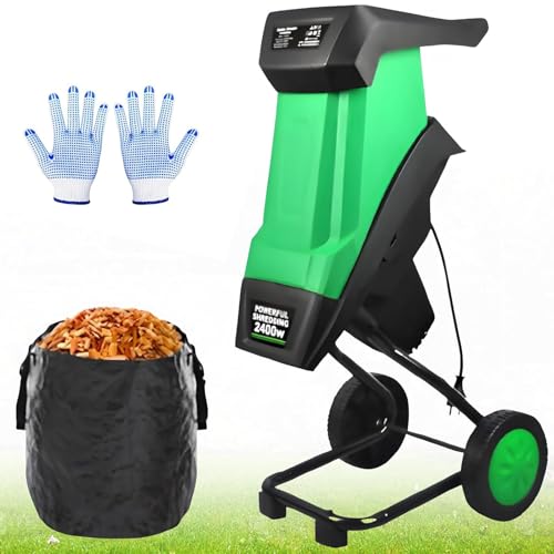 Biotrituradora Eléctrica para Jardín 2400W & Trituradora de Madera - 4500RPM con Capacidad de Corte 39mm, Bolsa de Recogida 50L - Trituradora de Hojas Portátil para Desechos