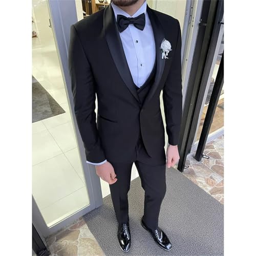 Men Single Breasted Solid Color Wedding Groom 3-Piece Business Casual Suit Black2