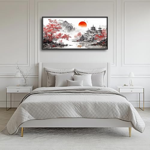 Image of Large Oriental Asian Wall Art for Living Room Chinese Japanese Style Pictures Red Sun and Pagoda Wall Decor Nature Scenery Canvas Print Paintings Home Framed Artwork Decoration Gifts for Bedroom Office 30 inchx60 inch