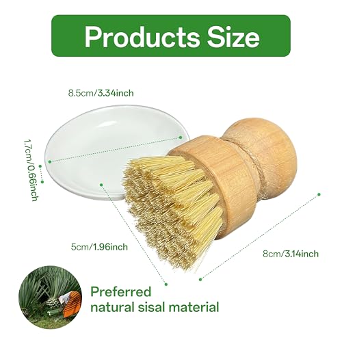 Image of Bamboo Dish Brush Set, Natural Sisal Scrubber for Pots Pans Dishes with Tray, Eco Friendly Kitchen Brush 3 Pack