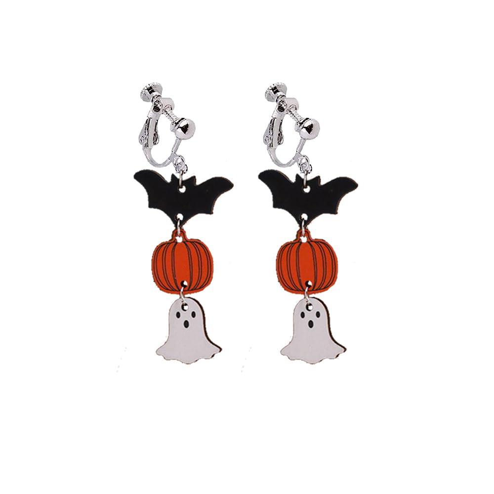 Acrylic Halloween Clip on Earrings Pumpkin Ghost Clip on Earrings Bat Earrings Halloween Jewelry Holiday Earrings