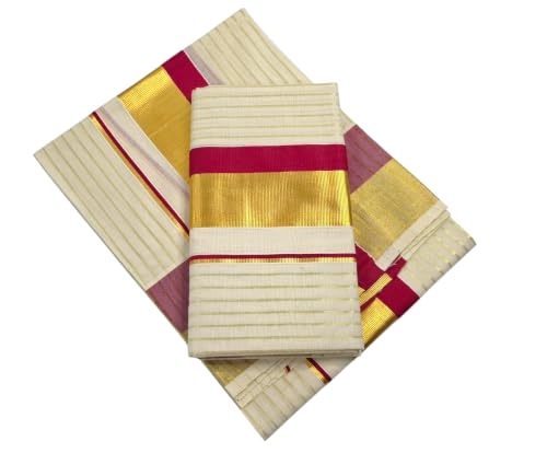 Image of Womens Kuthampully Set Mundu With Golden & Stripes Kara