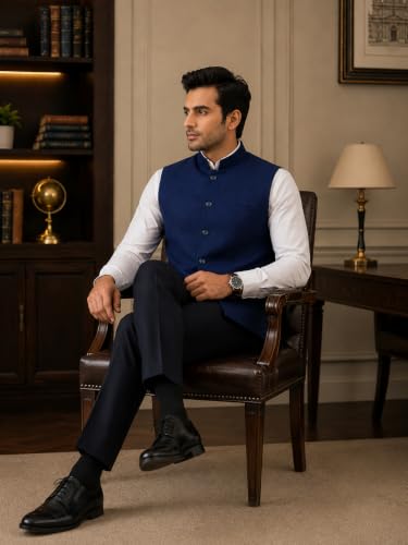 Image of LATEST CHIKAN Men's Nehru Jacket | Mandarin Collar Ethnic Waistcoat | Regular Fit Modi Jacket for Weddings Wear
