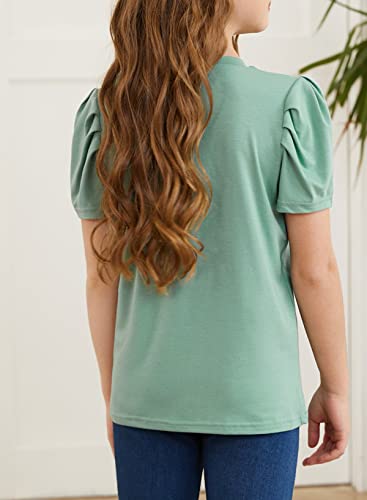 Blibean Girl Puff Short Sleeve Shirt Tween Kid Summer Solid Tops Casual Clothing Fashion Clothes Round Neck Blouse Spring Outfits Size 8-9 Years Large Green #TOP1