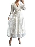 QIANZHIDU Women's V Neck Lace Floral Embroidery Long Sleeve Flowy Cocktail Wedding Long Dress White X-Large