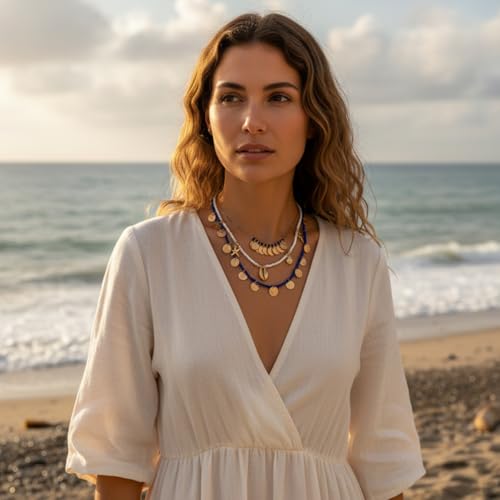 Image of SANNIDHI 3Pcs Necklace for Women Girls Boho Gold Seashell Starfish Pendant Necklaces Layered Beads Necklace Chains Beach Jewelry Gift Item for Women