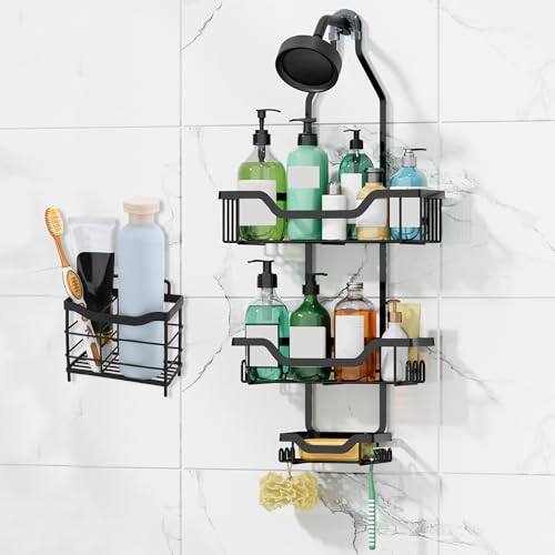 Yimomoyi 3-Tier Hanging Shower Caddy with 12 Hooks, Black Rustproof Shower Organiser