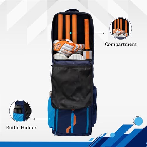 Image of WHACKK Cricket Bag| Spacious Capacity|Lightweight|Dual Bottle Holders|Front Pockets for Easy Organization|Durable Cricket Kit Bag (Blue Orange)