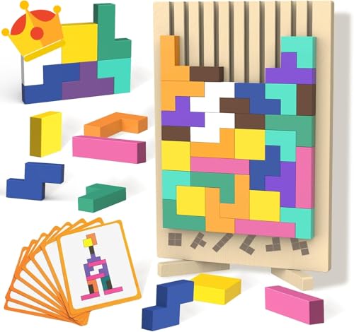 PKKP Holzpuzzle 3D Tetris, Sensorik Bausteine Puzzle mit 42 Steinen und 10 Herausforderungskarten, Montessori Spielzeug Geschenk für Holzpuzzle Set Tetris Spiel ab 3 4 5 6 Jahr (A)