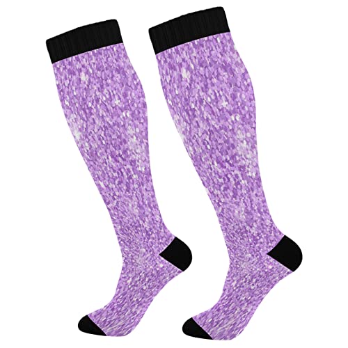 Shiny Compression Socks for Men and Women Lilac Glittering Pattern Knee High Socks Support for Sport Running Hiking Fitness