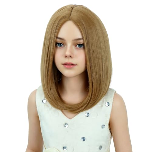 Image of Kids Blonde Wig Girls Strawberry Blonde Bob Wig Child Short Bob Wig Middle Part Wig for Kids Synthetic Wigs with Wig Cap