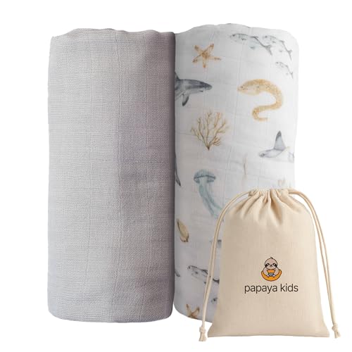 Image of Papaya Kids Baby Boy Muslin Swaddle Blankets for Newborns, Ocean Blue 2-Pack, Soft Viscose derived from Bamboo & Cotton Muslin Baby Blankets, 47x43, Breathable Receiving Blankets, Giftable for Newborn