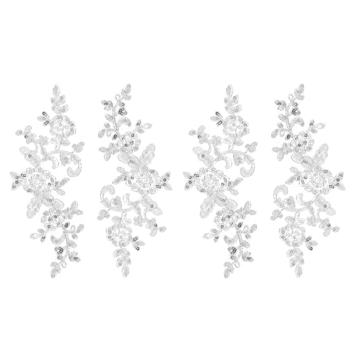 QUARKZMAN 4 Piezas Aplicaciones De Encaje De Flores Bordado 3D Parches De Lentejuelas Adorno Para Coser Complementos Para Vestido De Novia Ropa DIY Manualidades Decoración Plata (24cm)
