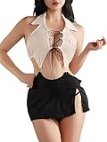 KJSUHFN Women's Sleeveless Cosplay Costume Office Dress Uniform Lingerie Set (Black White, One Size)