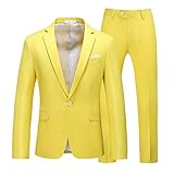 UNINUKOO Mens Suit Slim Fit 1 Button 2 Piece Wedding Party Holiday Solid Color Tux Suits for Men US Size 38 Light Yellow